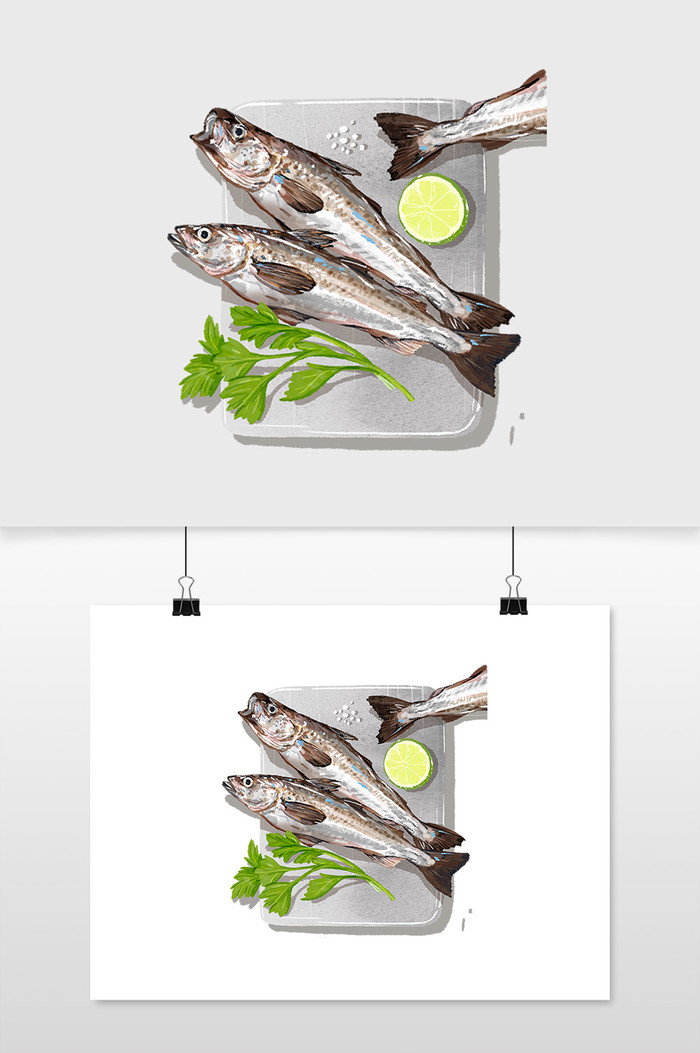 手绘新鲜鱼菜原料元素插图