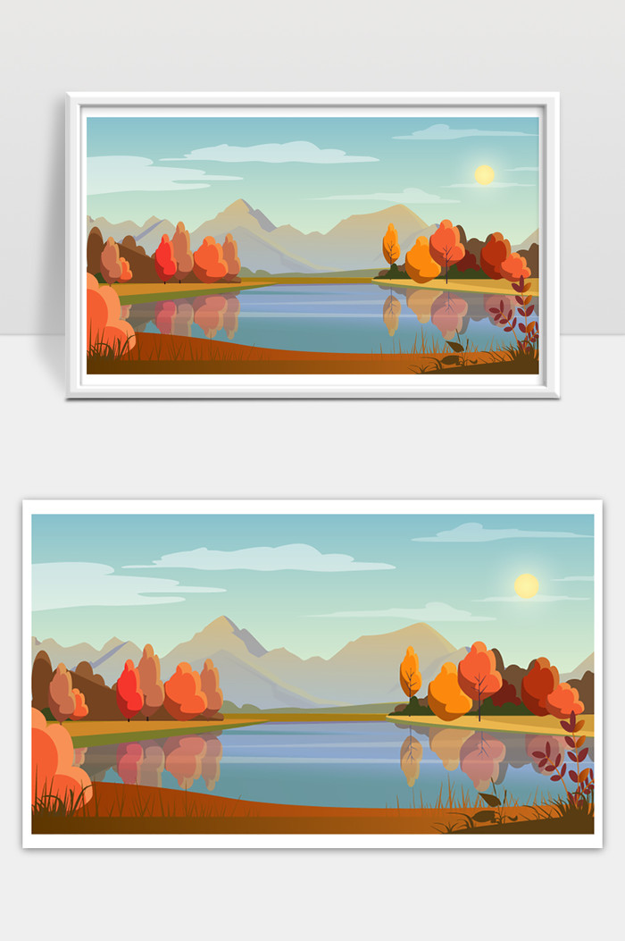 湖水黄昏夕阳背景矢量中的湖、树、太阳、山景观青山绿水山湖面插图
