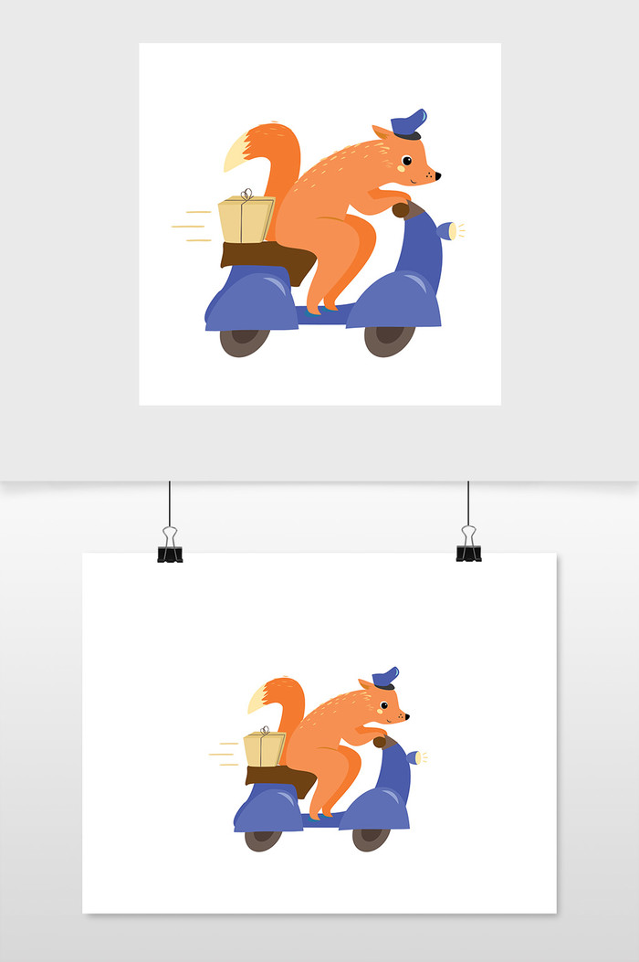 配送服务项目带上包囊坐着轻便摩托车上的小狐狸快递员矢量素材骑自行车插图