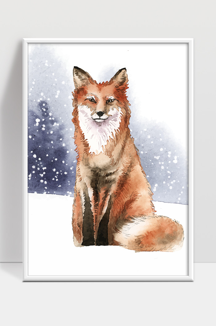 雪地里的手绘狐狸水彩风格矢量插图