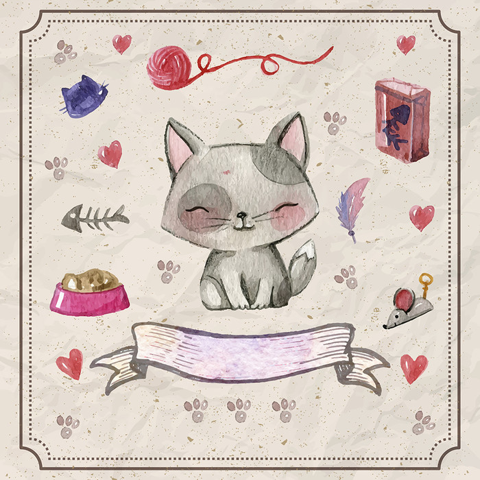 手绘宠物配件和可爱的小猫矢量插图1