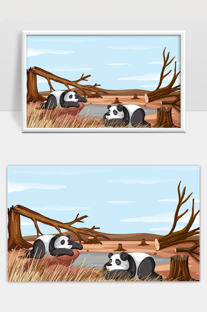 背景场景中两只熊猫死亡的矢量插图